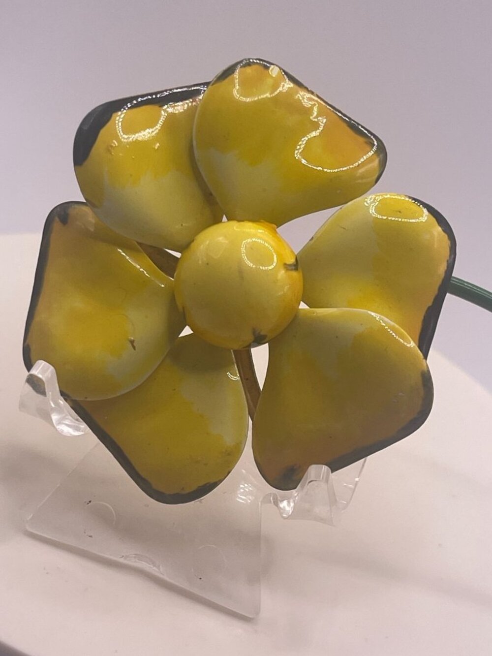 Vtg 60s Retro Enamel Flower Power Brooch Deep Yellow With Black Trim Pop Art Sty